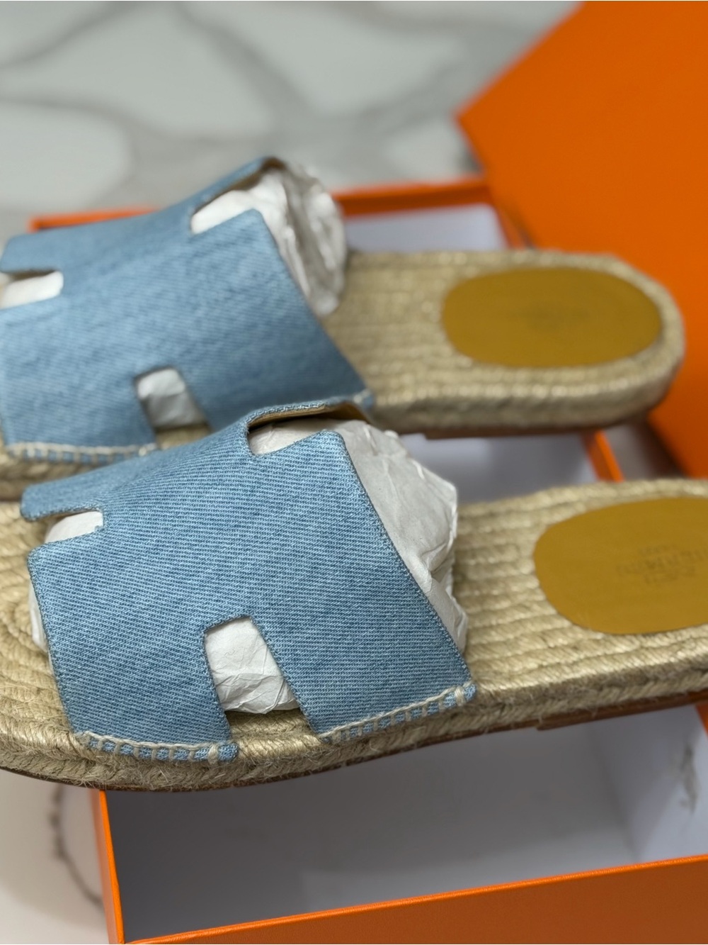 Hermes Kids Light Blue Denim Espadrille Slide Sandals